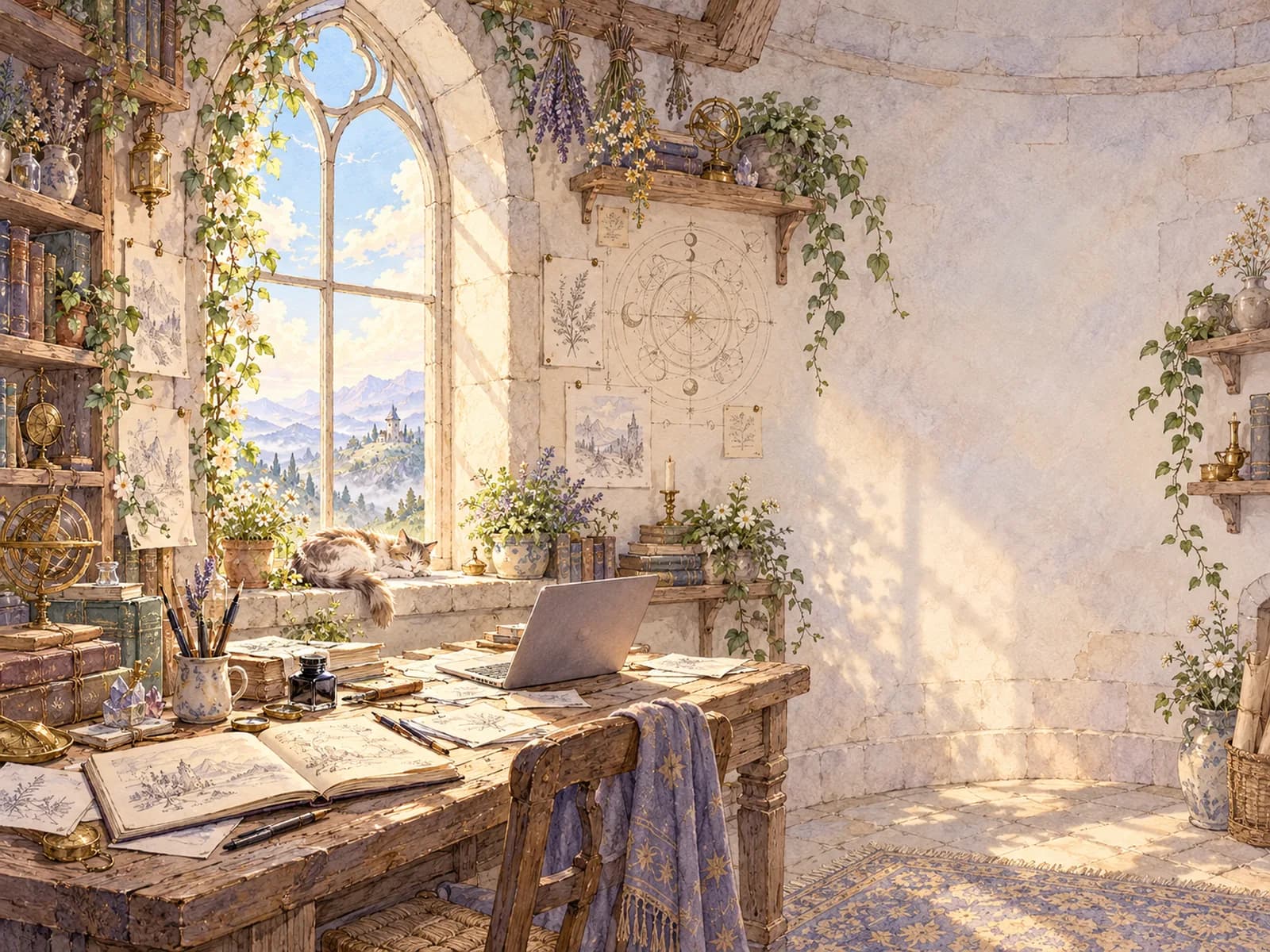 A sunlit atelier: a desk of sketchbooks and ink beneath a tall window
