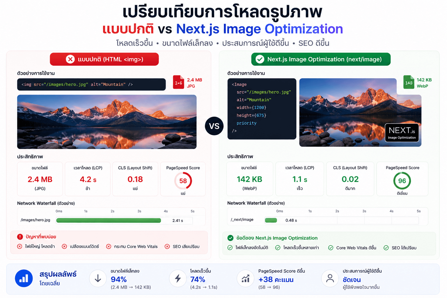 เปรียบเทียบการโหลดรูปภาพแบบปกติกับ Next.js Image Optimization