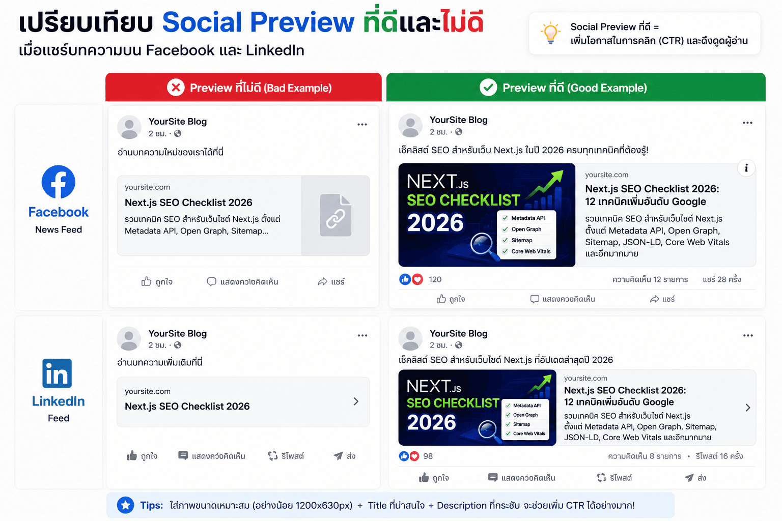 ขอรูปที่ 2 เปรียบเทียบ Social Preview ที่ดีและไม่ดีเมื่อแชร์บทความบน Facebook และ LinkedIn