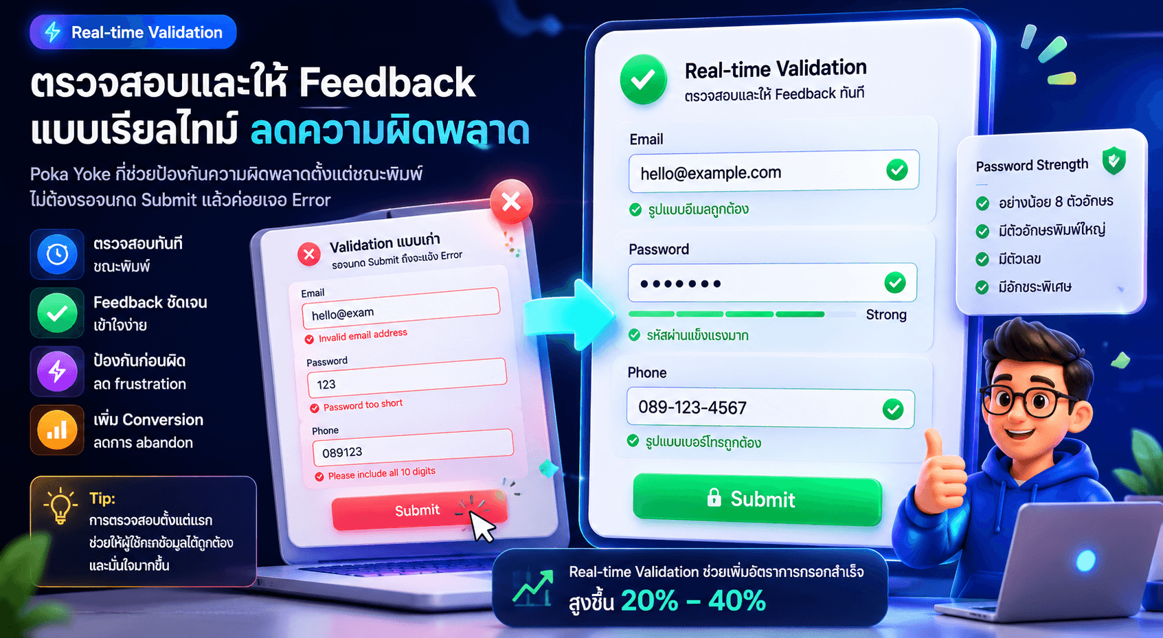 Real-time validation UX infographic demonstrating instant feedback, password strength validation, and form error prevention in web applications