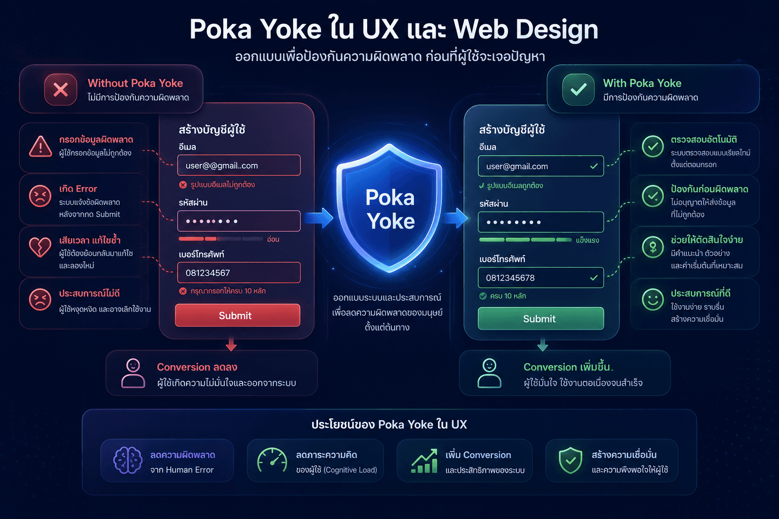 Poka Yoke UX infographic comparing error-prone web design with mistake-proof UX design using real-time validation and error prevention