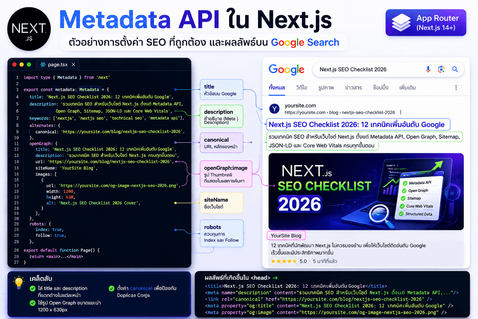 ตัวอย่าง Metadata API ใน Next.js พร้อมผลลัพธ์บน Google Search