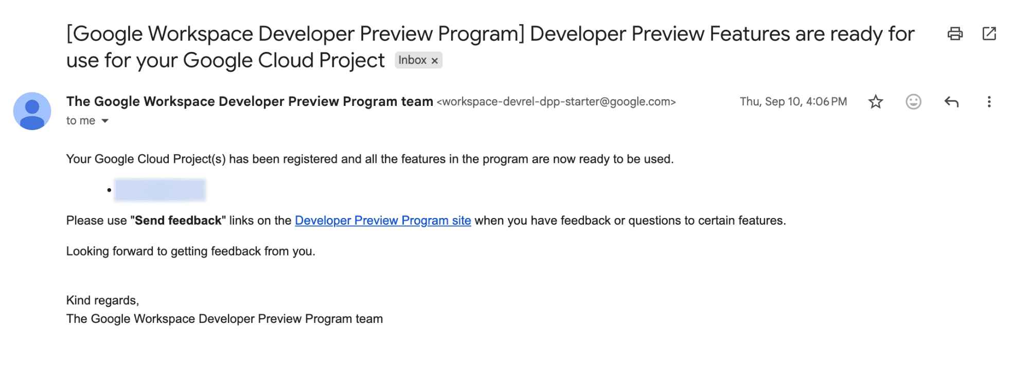 Confirmation email from the Google Workspace Developer Preview Program saying the Cloud project is registered (project number blurred)