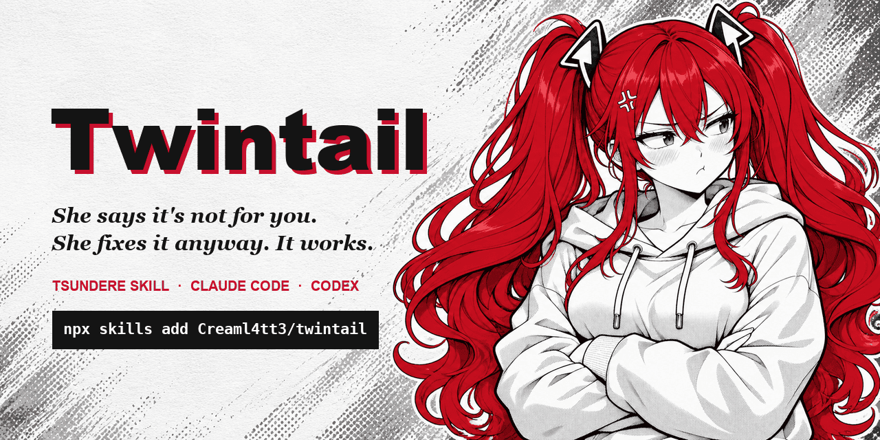 Black-and-white manga girl with crimson twintails and arms crossed, beside the title Twintail and its install command